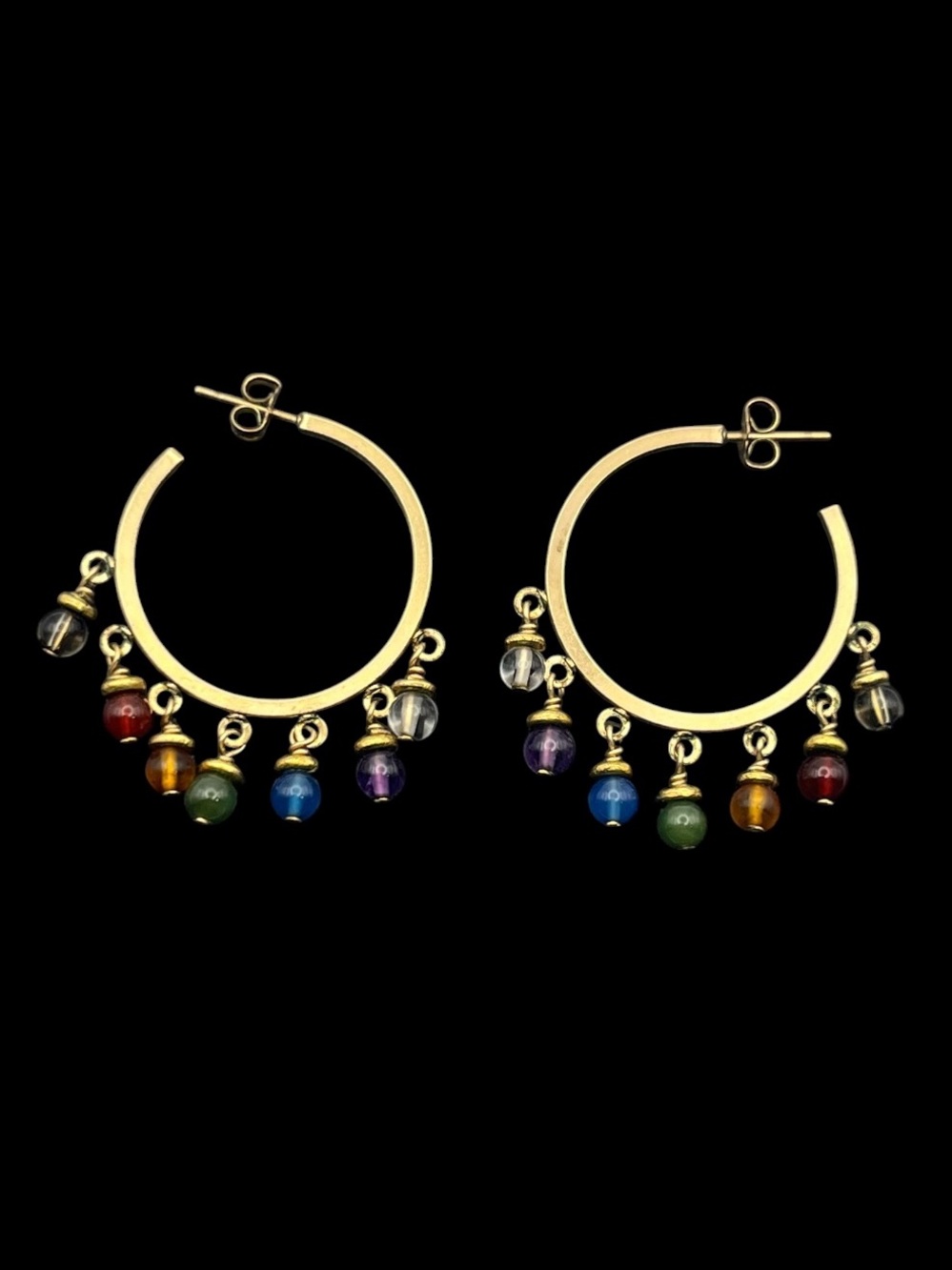 Gold filled rainbow dangle beaded vintage hoop earrings red orange blue green
